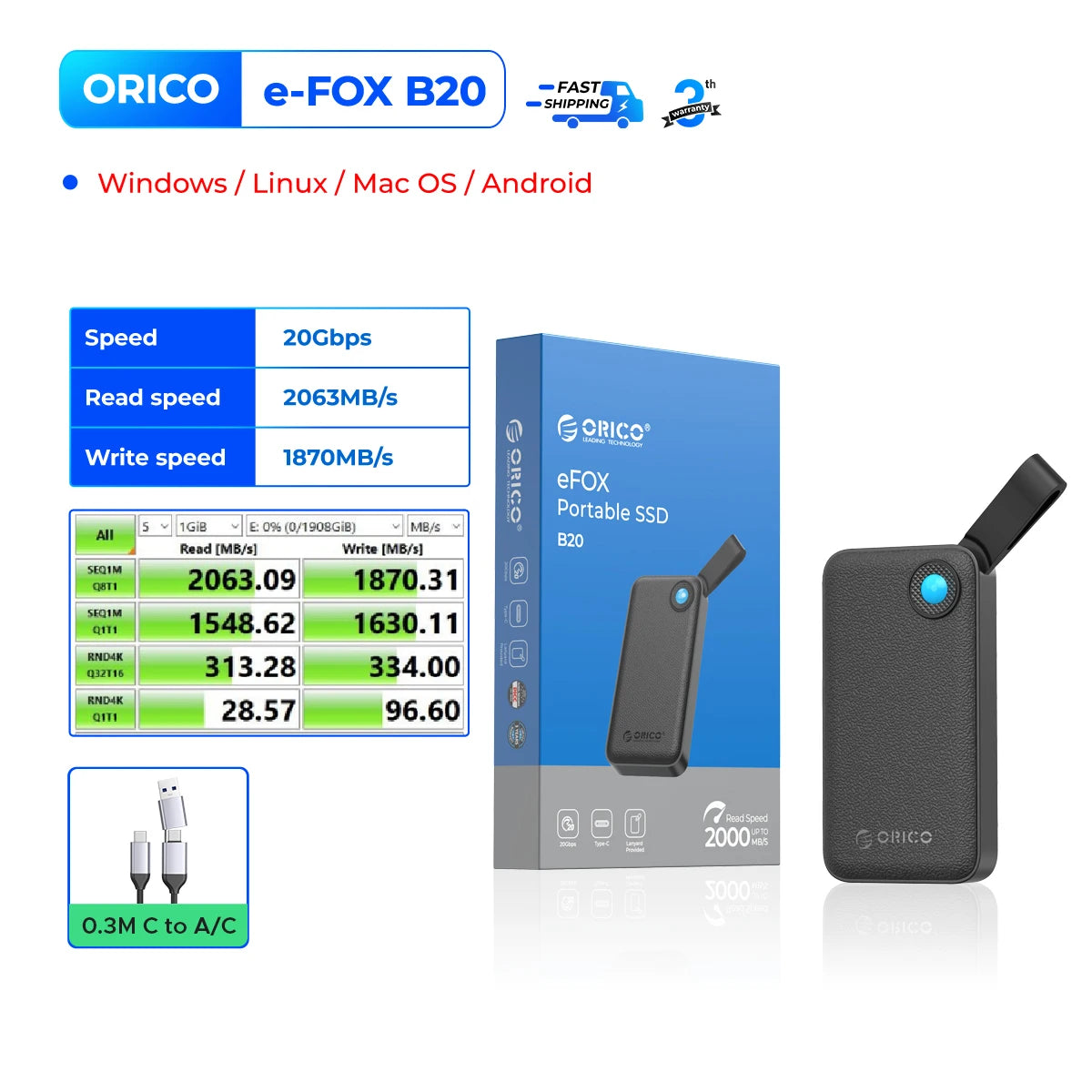 ORICO 2TB Portable SSD, Up to 2000MB/s, USB 3.2 Gen 2x2, Ultra-Mini, Compact with 2 in 1 USB C Cable, External Solid State Drive