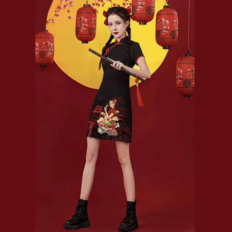 Niche Design Sense Chinese Style Printed Improved Qipao Y2K Vintage High Street Cheongsams Chinese Dress 치파오 китайское платье