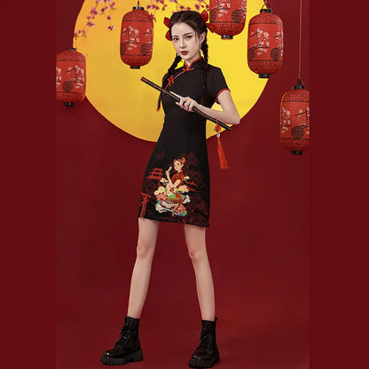 Niche Design Sense Chinese Style Printed Improved Qipao Y2K Vintage High Street Cheongsams Chinese Dress 치파오 китайское платье