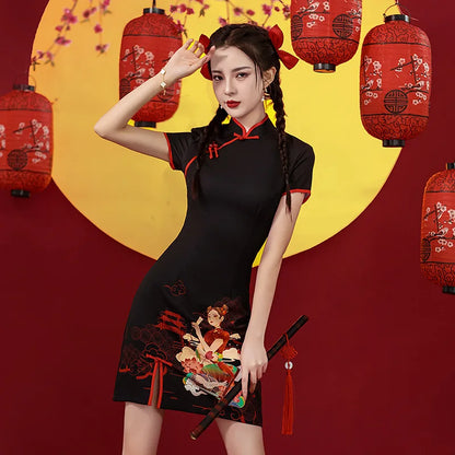 Niche Design Sense Chinese Style Printed Improved Qipao Y2K Vintage High Street Cheongsams Chinese Dress 치파오 китайское платье