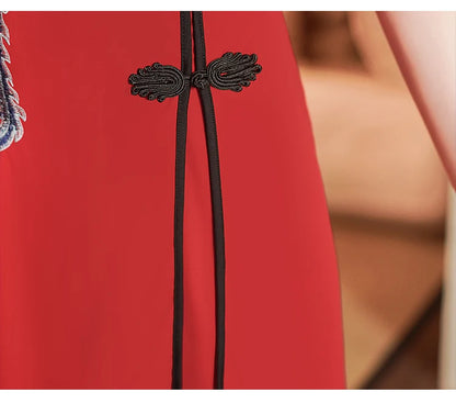 Two Piece Summer Young Red Qipao Chinese Style Retro New Phoenix Embroidery Short Cheongsam New Year CNY