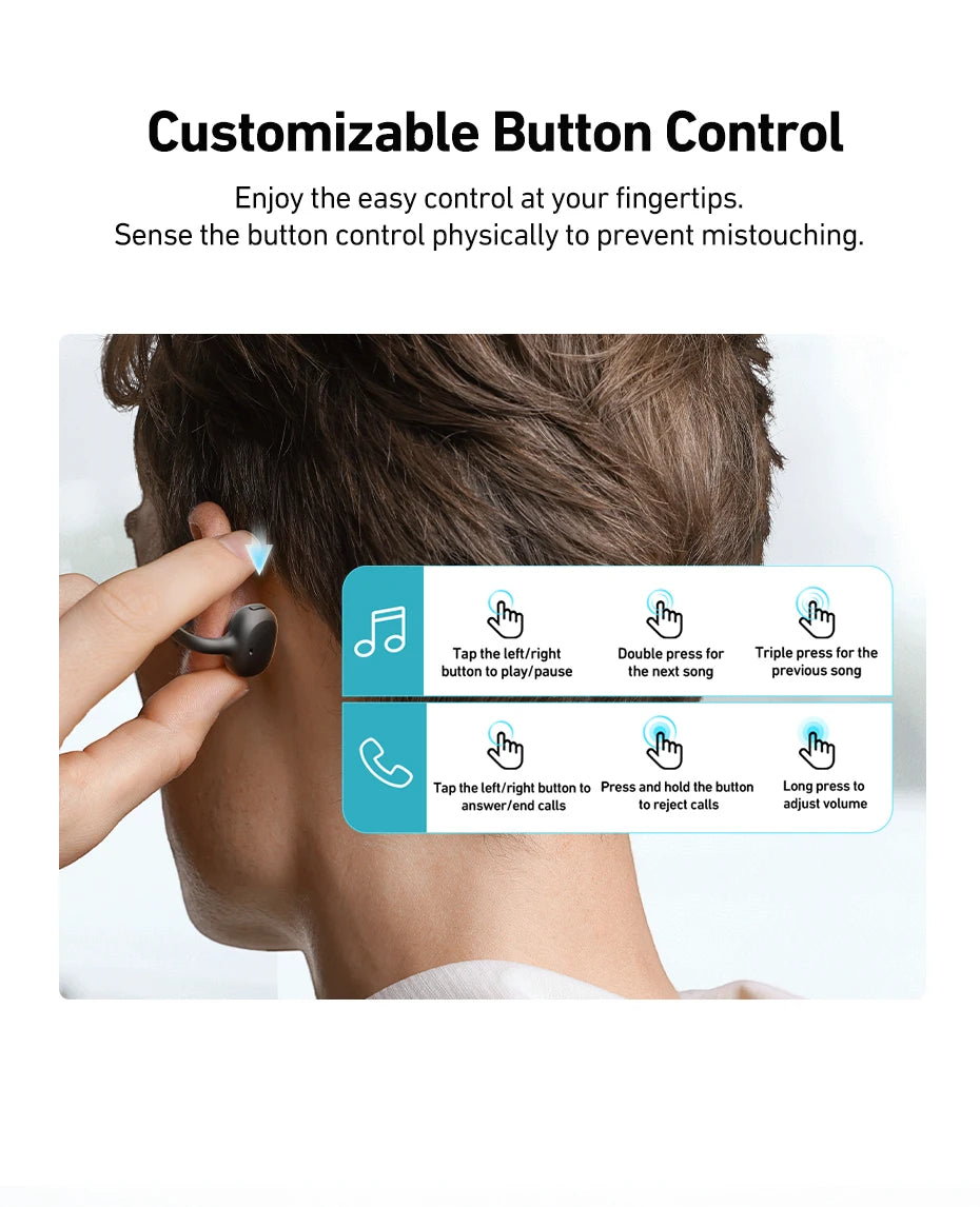 Baseus Bowie MC1 Ear Clip Wireless Earphones Bluetooth 5.4 Open-Ear Headphones Clip-On Sports Earbuds  IP57 Waterproof AI-Bass