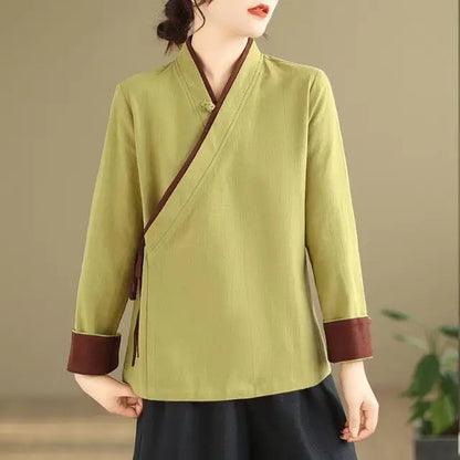 Womens Chinese Style Improved Hanfu Blouse Oblique V Neck Tie Side Contrast Trim Loose Cotton Linen Zen Tea Clothing Tops