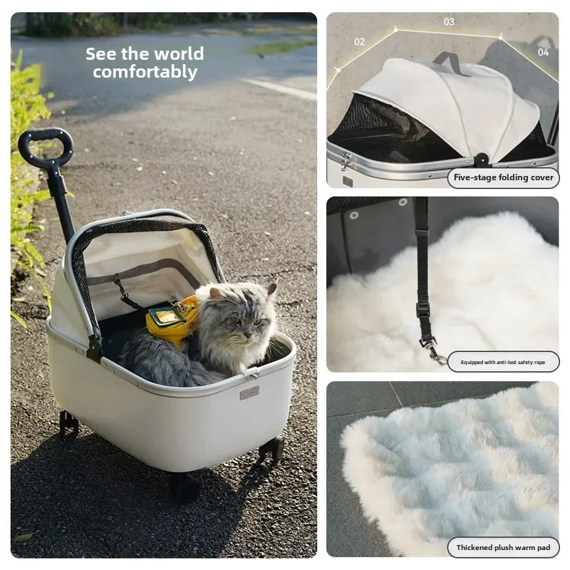 Lightweight Pet Travel Carrier Large Capacity Cat Backpack Shock-Absorbent Rolling Dog Trolley Adjustable Handle Pet Stroller