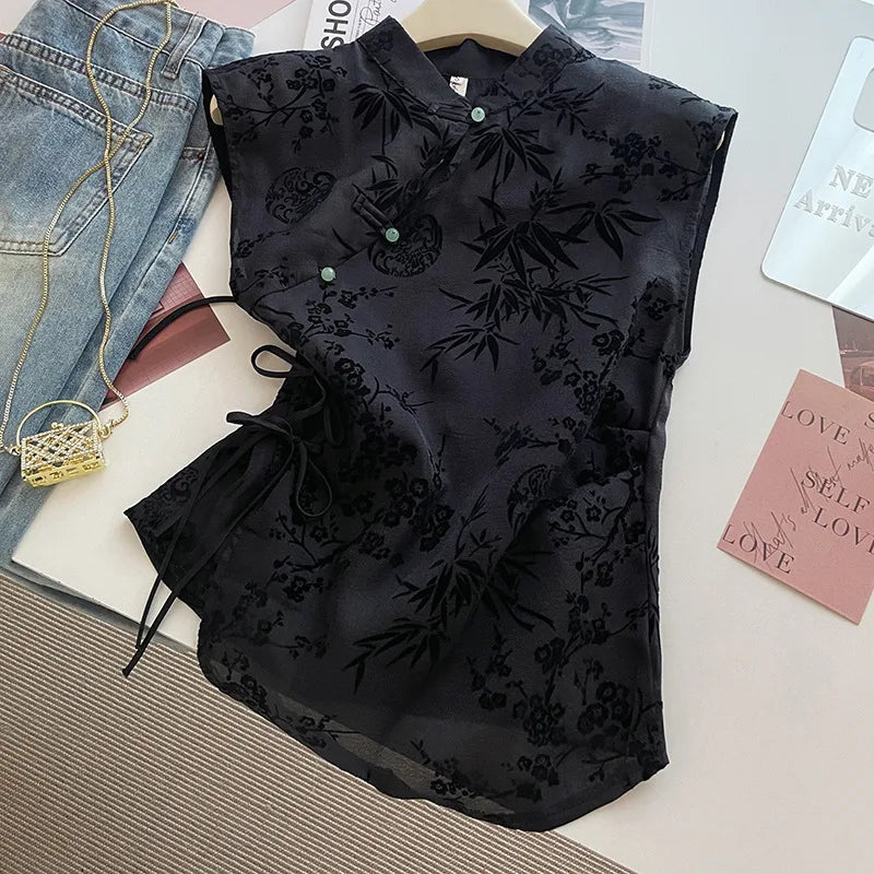French new Chinese style cheongsam top satin jacquard shoulder short-sleeved T-shirt women new summer retro