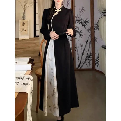 New Chinese National Style New Year Battle Robe Button Modified Qipao Long Dress Women Temperament Splicing Dark Pattern Dresses
