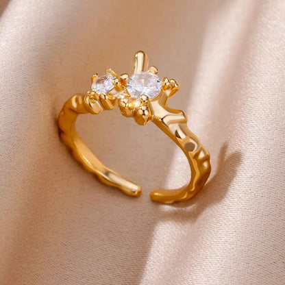 Stainless Steel Zircon Geometric Rings For Women Luxury Evil Eye Gold Color Adjustable Trendy Wedding Aesthetic Jewerly Gift