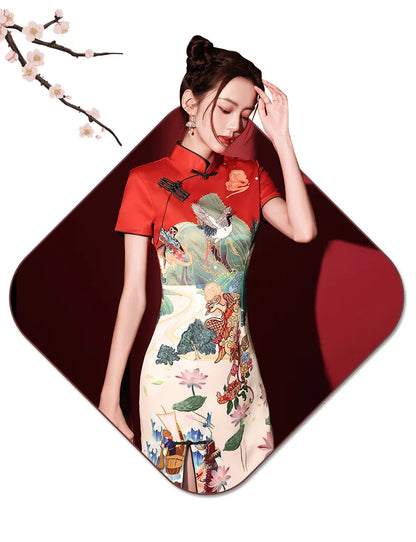 Y2K New Fashion Vintage Cheongsams Chinese Traditional Dress Personality Printed Improved Qipao ципао 치파오 Robe Soirée