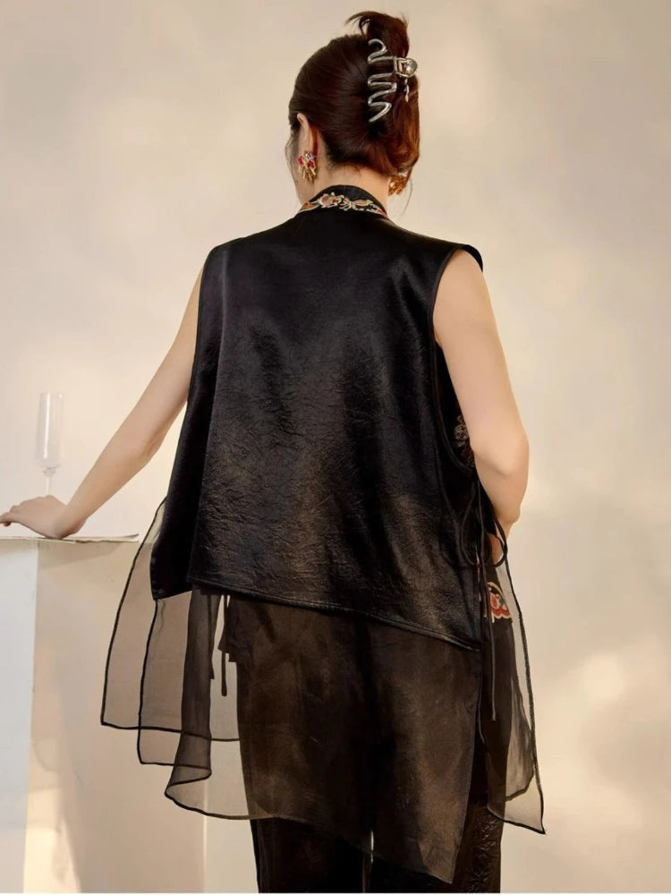 Oriental Vintage Tang Suit Women Vest Black Jacquard Heavy Phoenix Embroidery Organza Splicing Side Tie Sleeveless Waistcoat