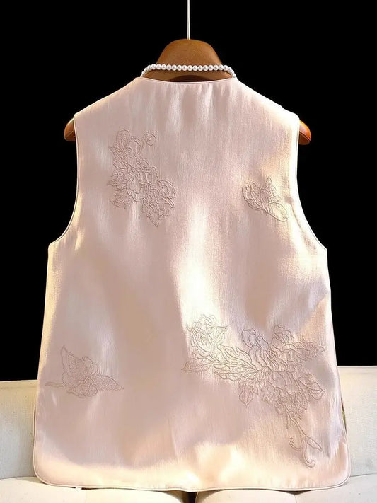 Satin Silk Embroidered Vest Women Chinese Style Vintage Vest Sleeveless Retro Tops Female Autumn New Fashion