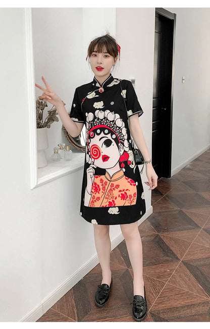 Chinese Traditional National Style Fashion Cartoon Printing Qipao Dress Summer Short Sleeve Elegant Modern Improved Cheongsam