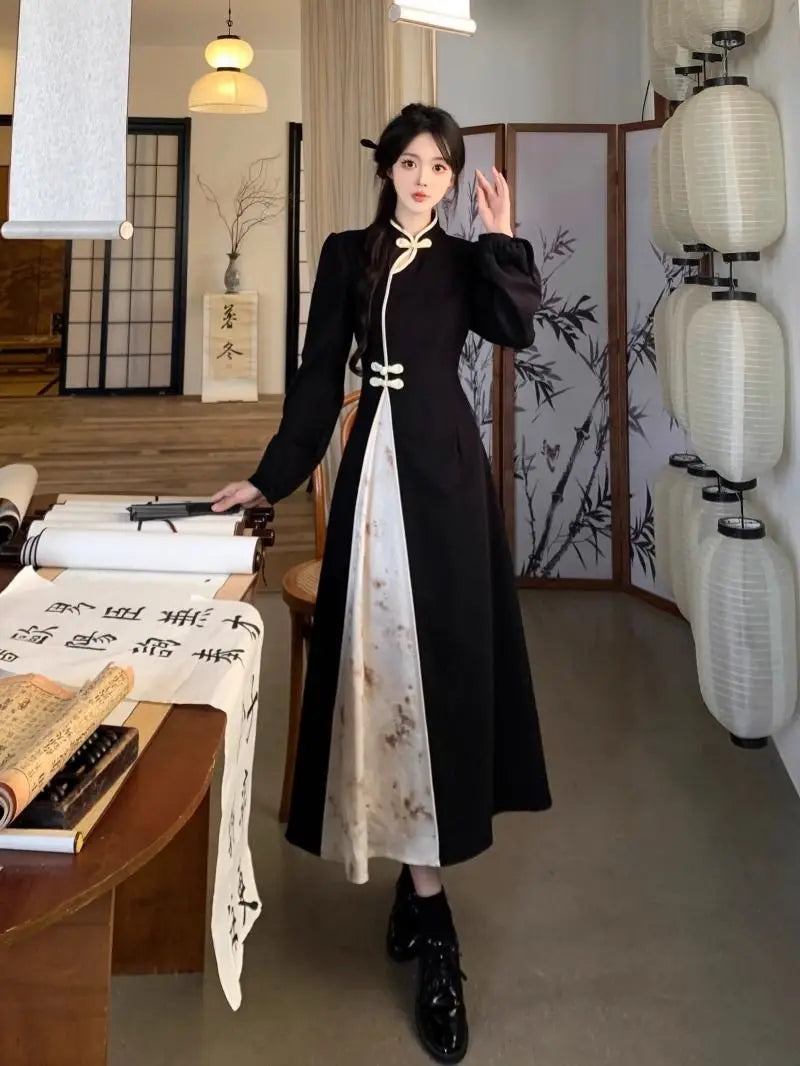 New Chinese National Style New Year Battle Robe Button Modified Qipao Long Dress Women Temperament Splicing Dark Pattern Dresses