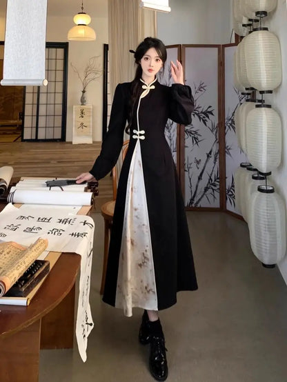 New Chinese National Style New Year Battle Robe Button Modified Qipao Long Dress Women Temperament Splicing Dark Pattern Dresses