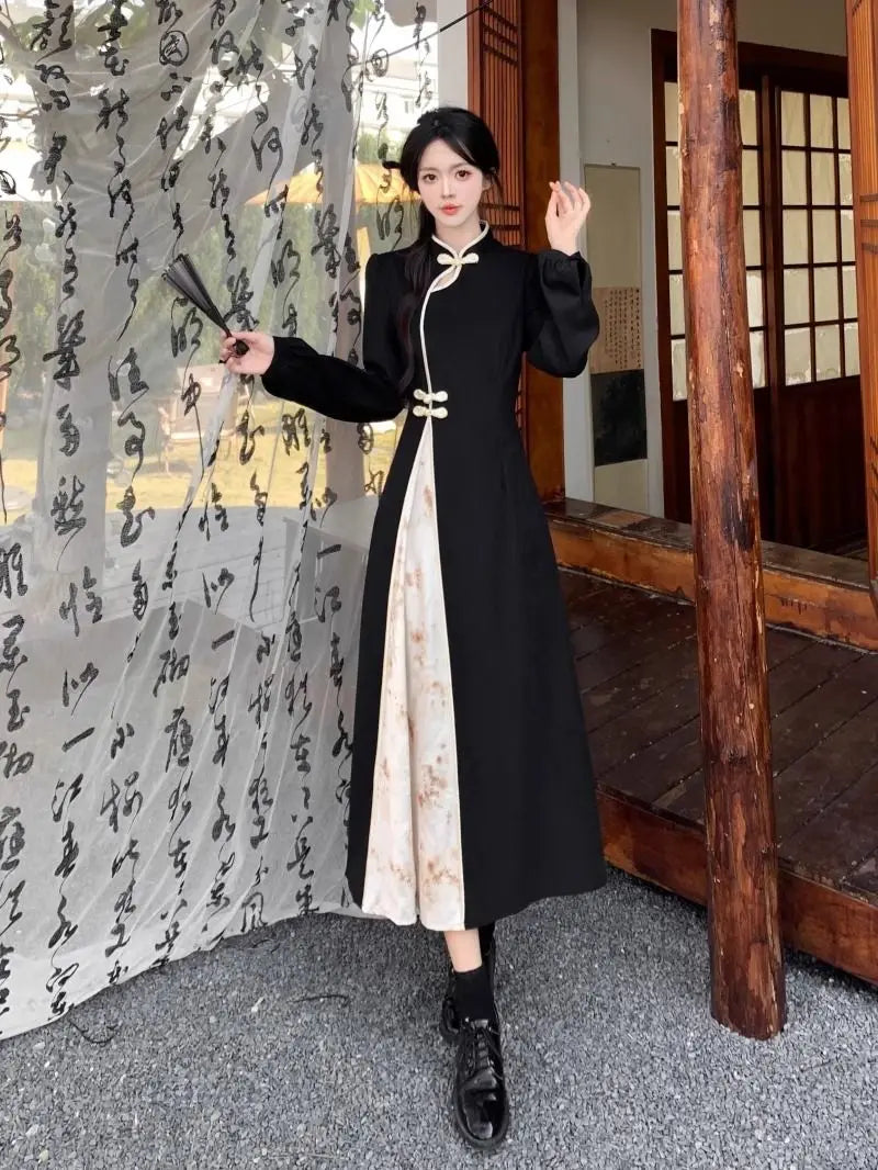 New Chinese National Style New Year Battle Robe Button Modified Qipao Long Dress Women Temperament Splicing Dark Pattern Dresses