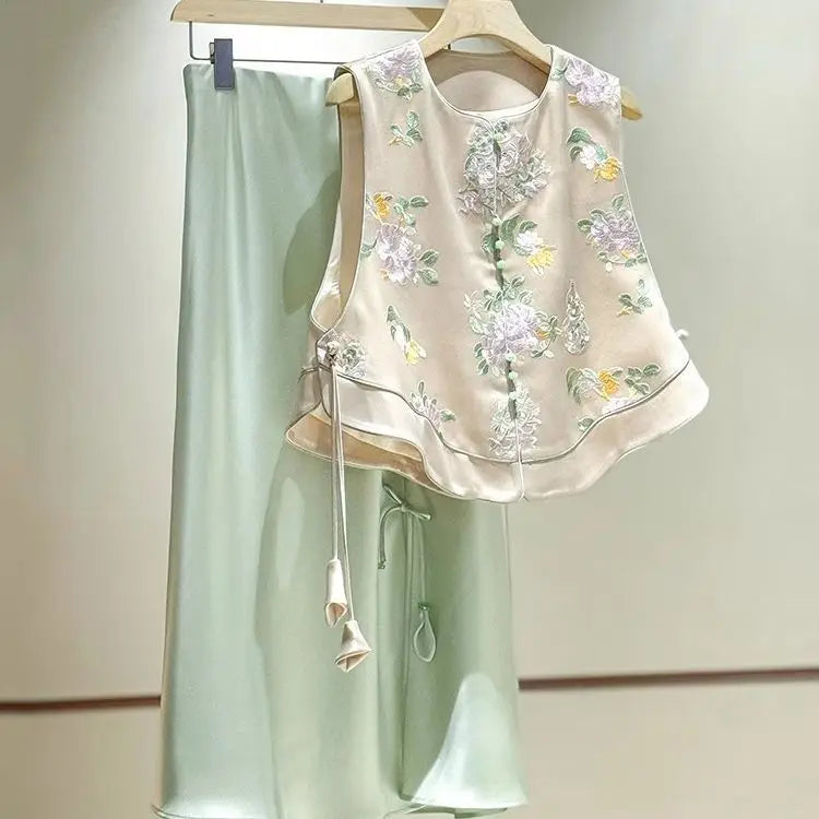 Satin Silk Embroidered Vest Women Chinese Style Vintage Vest Sleeveless Retro Tops Female Autumn New Fashion