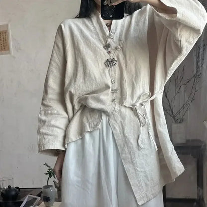 Chinese Style Diagonal Closure Zen Womens Tops Fashion Cotton Linen Asymmetrical Placket Blouse Women Loose Fit Clothes