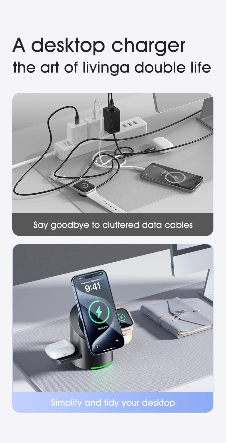 New Smart 15W Qi2 3 In 1 Magsafe Magnetic Autorotation Wireless Charger For iPhone iWatch Airpods Fast Charging Dock Station