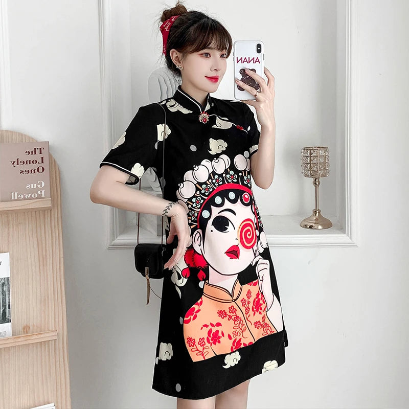 Chinese Traditional National Style Fashion Cartoon Printing Qipao Dress Summer Short Sleeve Elegant Modern Improved Cheongsam