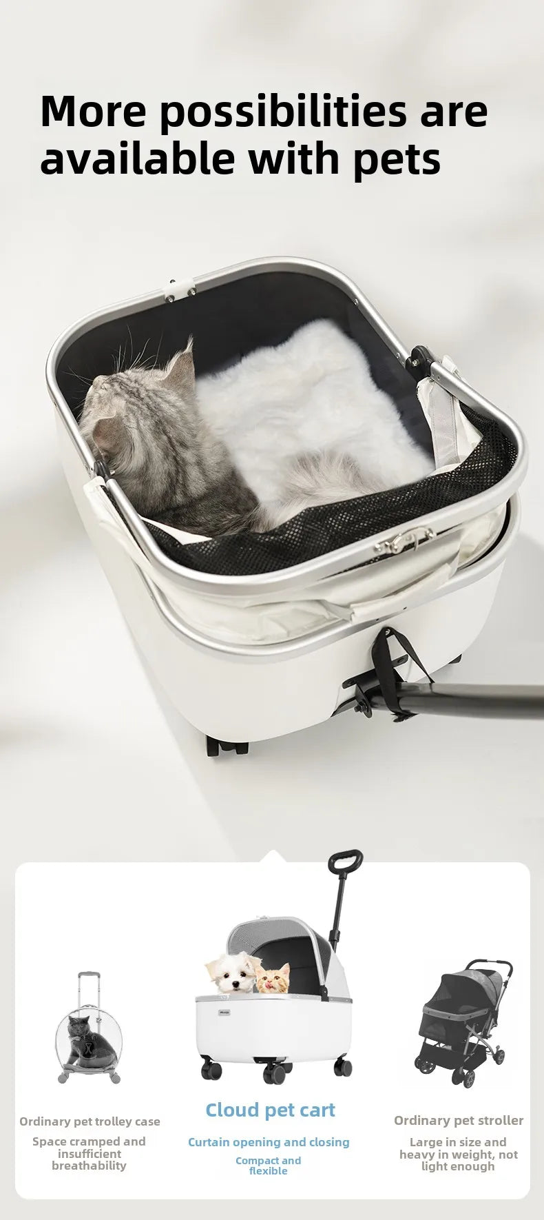 Lightweight Pet Travel Carrier Large Capacity Cat Backpack Shock-Absorbent Rolling Dog Trolley Adjustable Handle Pet Stroller