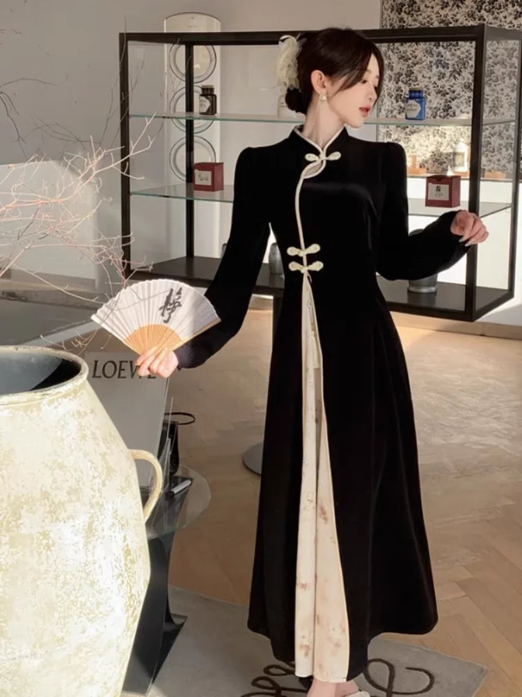 New Chinese Style Modified Cheongsam Dress for Women Spring and Autumn National Style Dark Pattern Jacquard Fashion Long Skirt