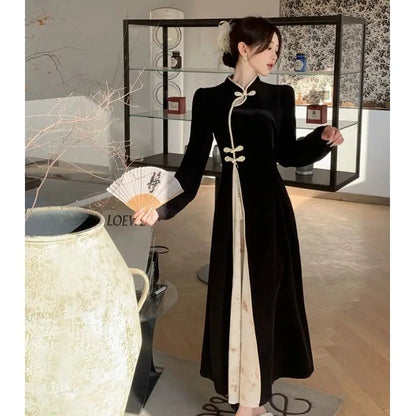 New Chinese Style Modified Cheongsam Dress for Women Spring and Autumn National Style Dark Pattern Jacquard Fashion Long Skirt