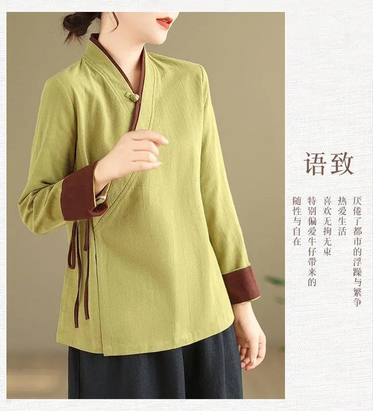 Womens Chinese Style Improved Hanfu Blouse Oblique V Neck Tie Side Contrast Trim Loose Cotton Linen Zen Tea Clothing Tops