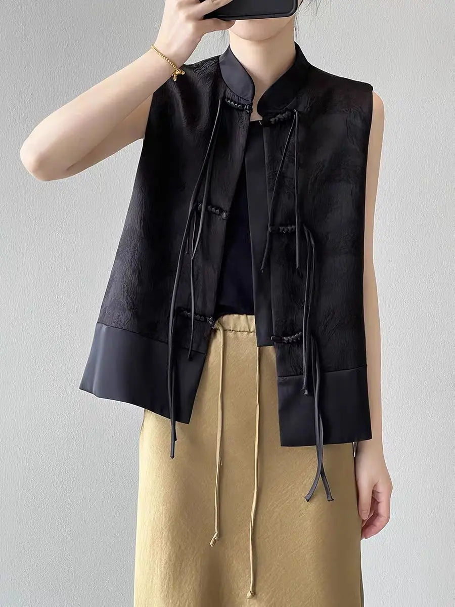 Chinese New Plate Button Vest Jacket 2025 Spring New Jacquard Stand Collar Sleeveless Waistcoat Retro Women Cheongsam Tops