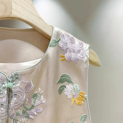 Satin Silk Embroidered Vest Women Chinese Style Vintage Vest Sleeveless Retro Tops Female Autumn New Fashion