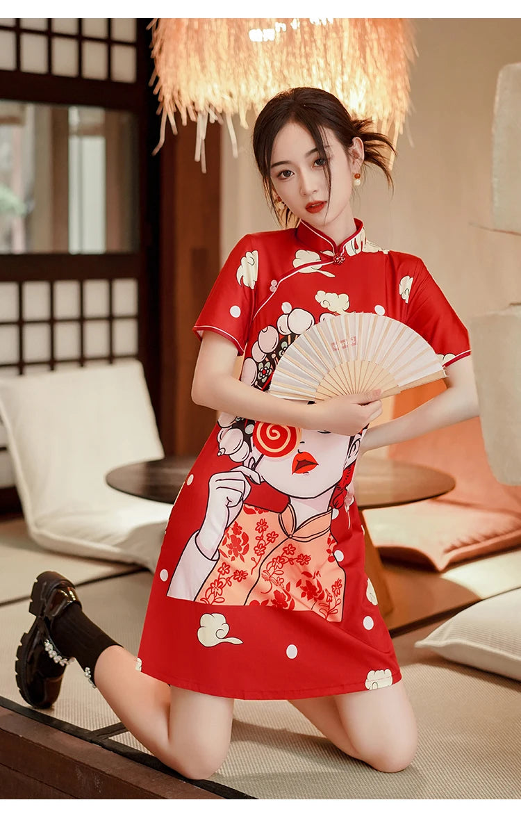Chinese Traditional National Style Fashion Cartoon Printing Qipao Dress Summer Short Sleeve Elegant Modern Improved Cheongsam
