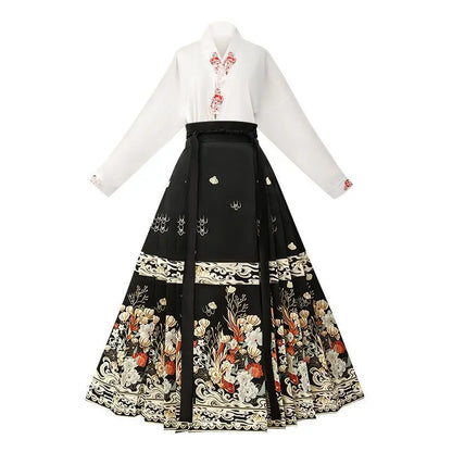 New Chinese Horse Face Skirt Two-piece Women's 2024 New Hanfu Female Tops Fashion Loose Print Birthday Party Banquet Dance Dress