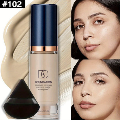 2Pcs Full Coverage Waterproof Liquid Foundation&Black Triangular Powder Puff-LongLasting Matte Finish Dark Circle&Blemish Cover