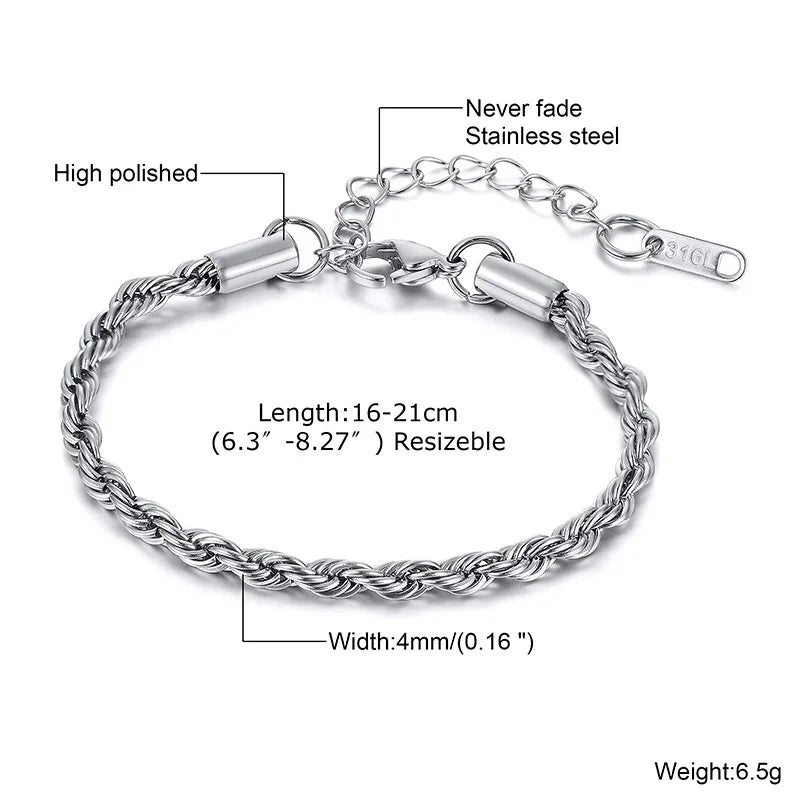 Unisex Rope Chain Bracelets for Men Women, Stainless Steel Twisted Links Chain Bracelet,Simple Classic Jewelry Gift for Him