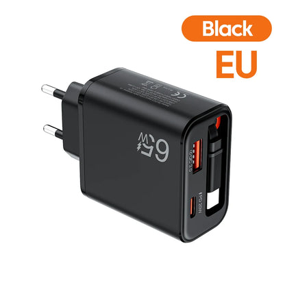 65W Super Fast Charge Type C USB Phone Charger With Retractable USB C Cable For Iphone 17 16 15 Samsung POCO Xiaomi