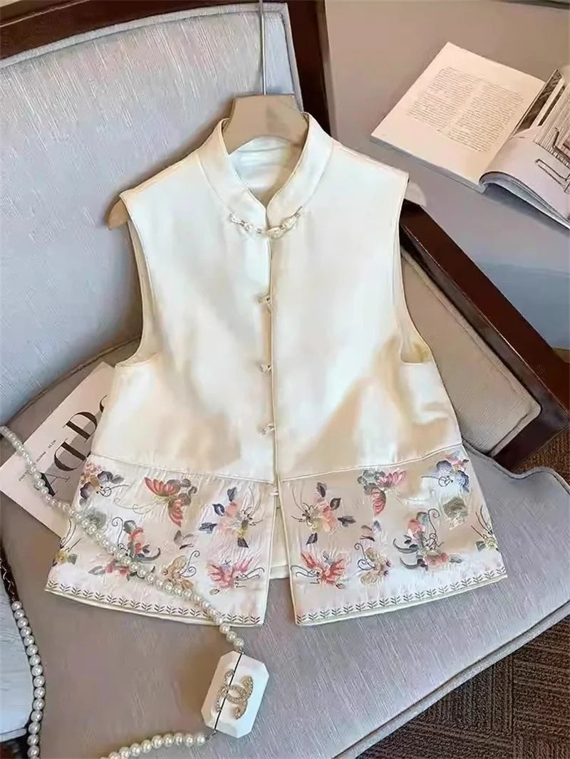 Chinese Retro Embroidered Sleeveless Buckle Vest Spring and Autumn Design Sense Fashionable and Versatile Temperament Tank top