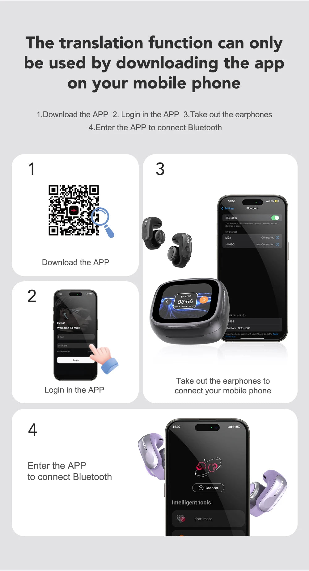 Translator ERAZER XF28 Bluetooth V6.0 Open-ear True Wireless EarbudsTranslation Earphones Office Travel,ASMR Headset APP