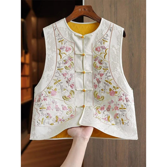 Embroidered Satin Silk Vest Women's Round Neck Ethnic Style Embroidery Sleeveless Top Chinese National Top