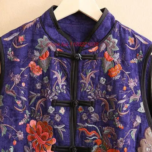 2026 chinese vintage vest national flower embroidery cotton linen folk vest traditional hanfu tops ethnic stand collar vest