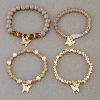 4Pcs Trendy Butterfly Beaded Bracelet Set For Women Pink Acrylic Beads Elastic Chain Bangle Female Bohemian Party Jewelry Gift