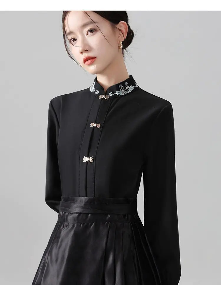 Chinese Style Standing Collar Long Sleeved Shirt for Early Spring Style with Embroidered Chinese Style Women's Clothing Inside