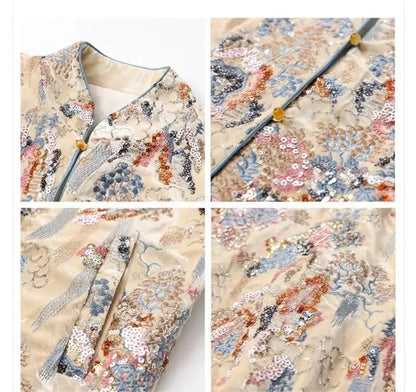 Chinese Style Tang Clothes Sequin Embroidery Hanfu Vintage Mandarin Collar Jacket Lady Elegant Tops Autumn Spring Outwear