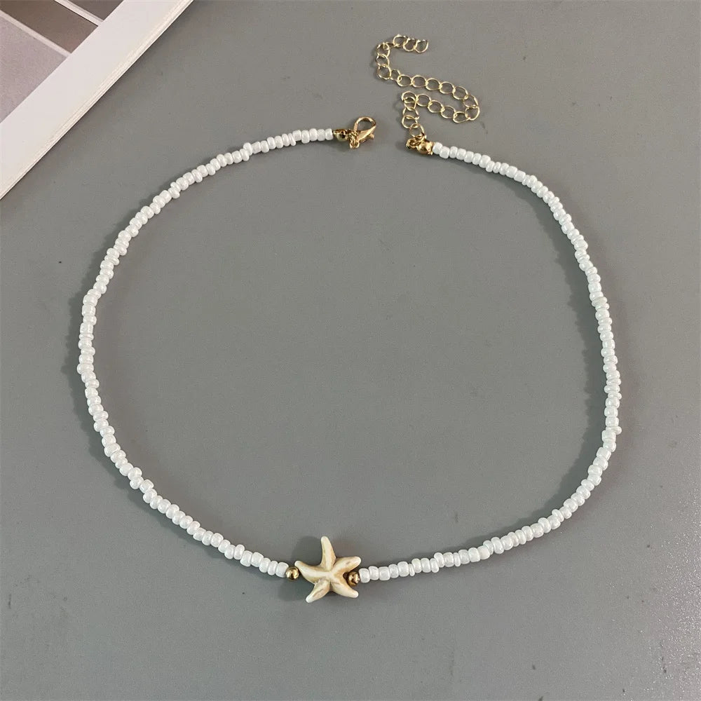 Shell Starfish Woman Short Necklace Summer Holiday Gift Handmade Choker  Seed Beads Neck Jewelry White