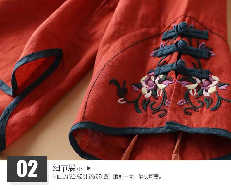 2023 Chinese Style Embroidery Blouse for Women  Summer O-neck Short Sleeve Cotton and  Linen traditional Tang suit Top