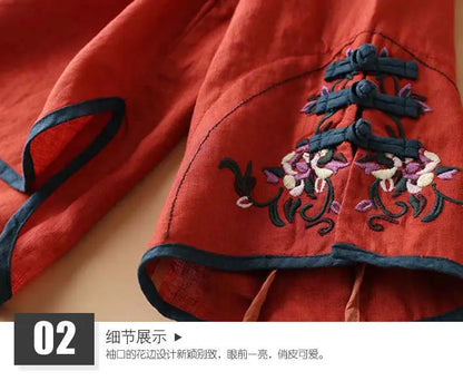 2023 Chinese Style Embroidery Blouse for Women  Summer O-neck Short Sleeve Cotton and  Linen traditional Tang suit Top