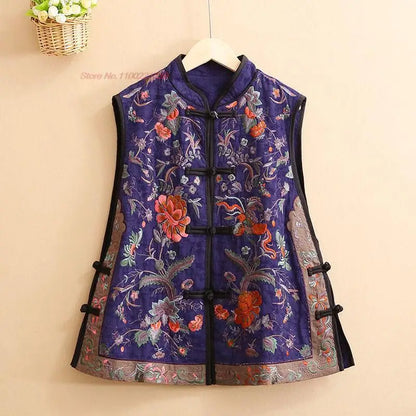 2026 chinese vintage vest national flower embroidery cotton linen folk vest traditional hanfu tops ethnic stand collar vest