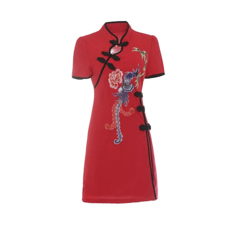 Two Piece Summer Young Red Qipao Chinese Style Retro New Phoenix Embroidery Short Cheongsam New Year CNY