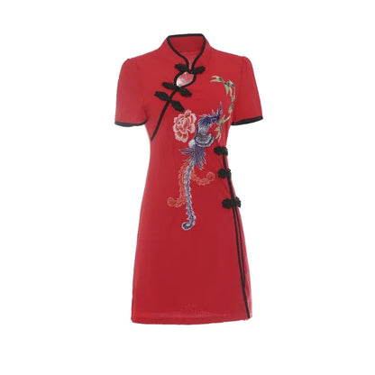 Two Piece Summer Young Red Qipao Chinese Style Retro New Phoenix Embroidery Short Cheongsam New Year CNY
