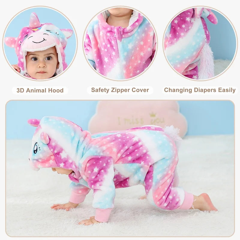 MICHLEY Carniva Baby Rompers Winter Clothes Flannel Hooded Bodysuits Pajamas Animals Overall Jumpsuit For Girls Boys Kids