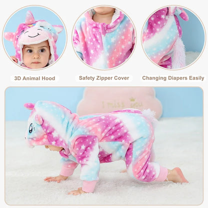 MICHLEY Carniva Baby Rompers Winter Clothes Flannel Hooded Bodysuits Pajamas Animals Overall Jumpsuit For Girls Boys Kids