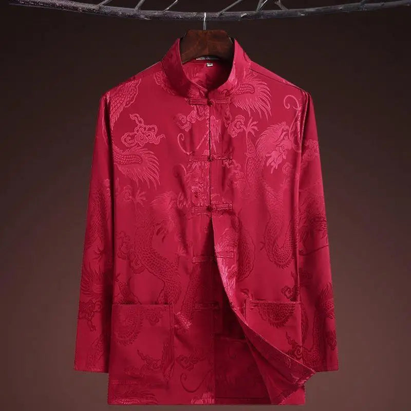 Chinese-style Men Short-sleeved Shirt, Summer Stand-up Collar Single-breasted Shirts, Decorated with Chinese Dragon Patterns.