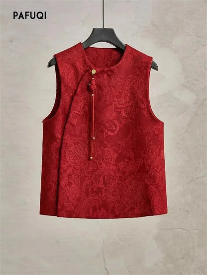 Chinese High-end Light National Style Cardigan Vest Coat in Spring and Summer Red Cashew Flower Round Neck New Year Vest Coat
